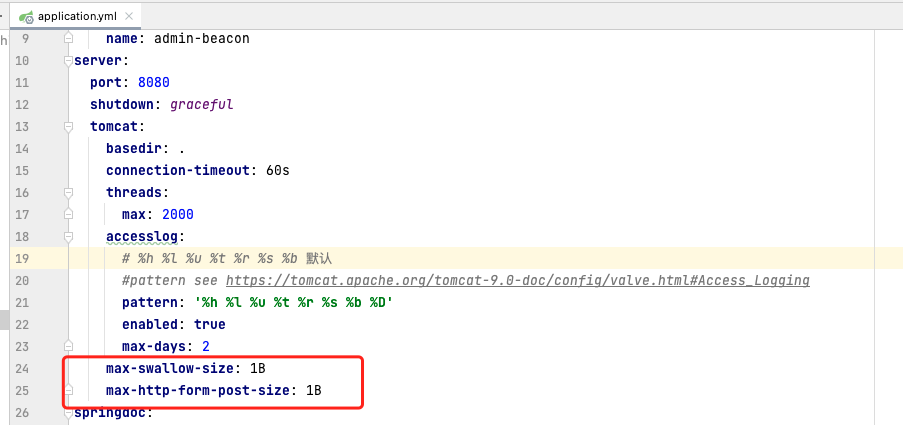 SpringBoot server.tomcat.maxSwallowSize  not working