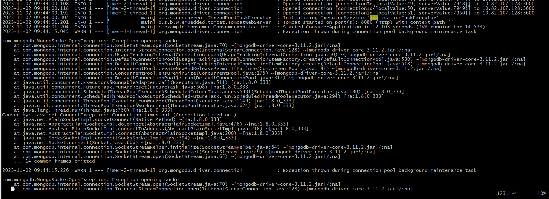 SpringBoot SpringBoot throws exception when connecting to MongoDB connection pool background maintenance task