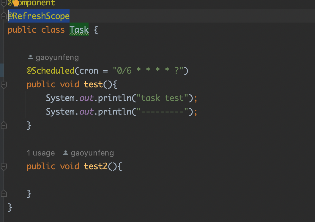 Spring @The @RefreshScope annotation marks a Task class with a @Scheduled marked scheduled task method in the Task class. After changing the configuration, the scheduled task method is executed twice each time.