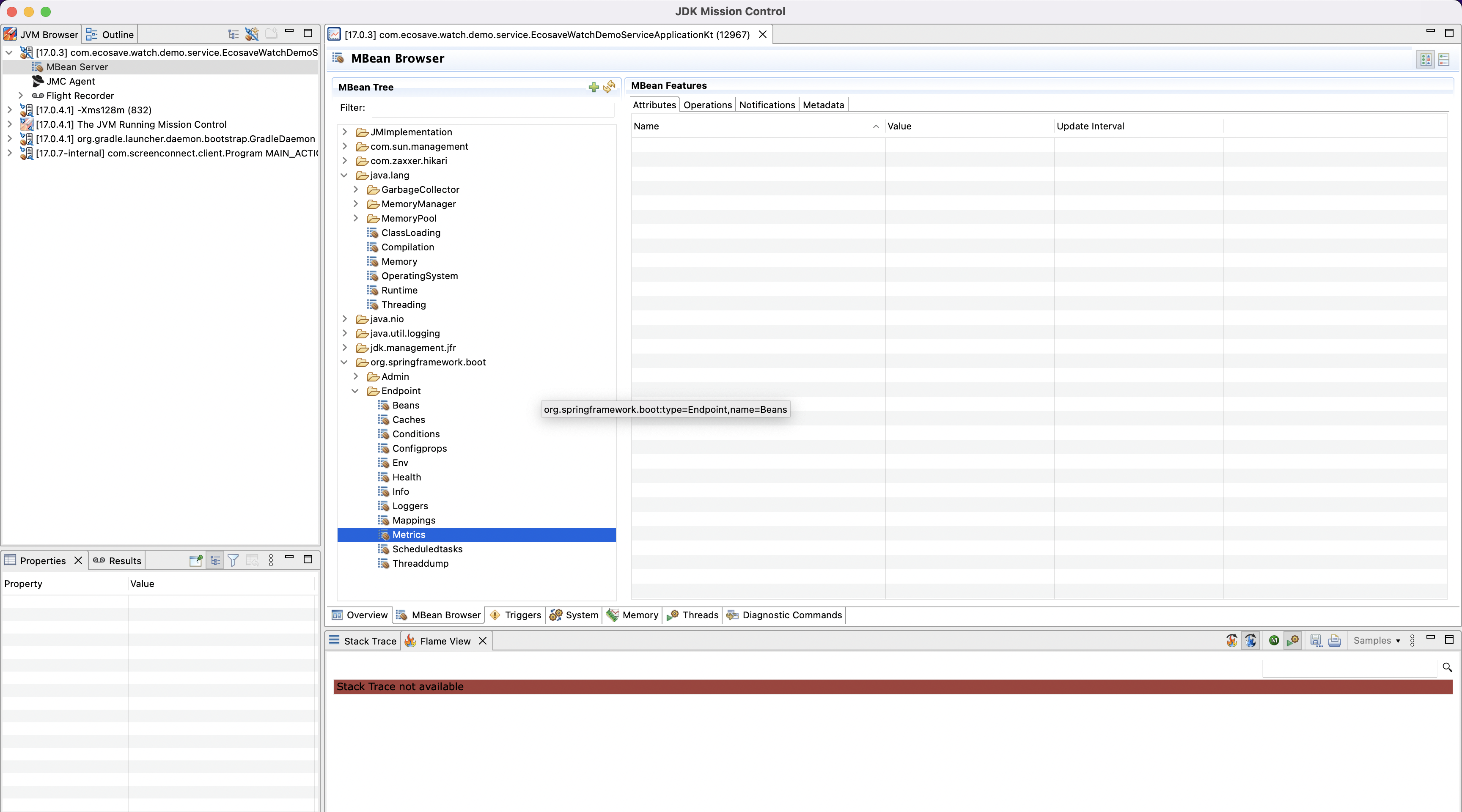 SpringBoot Actuator attributes for spring boot application is not available in java mission control
