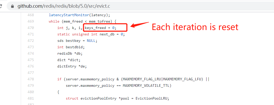 Redis [BUG] The keys_freed variable in the freeMemoryIfNeeded(void) function of evict.c in redis5.0 does not work, it is always less than or equal to 1