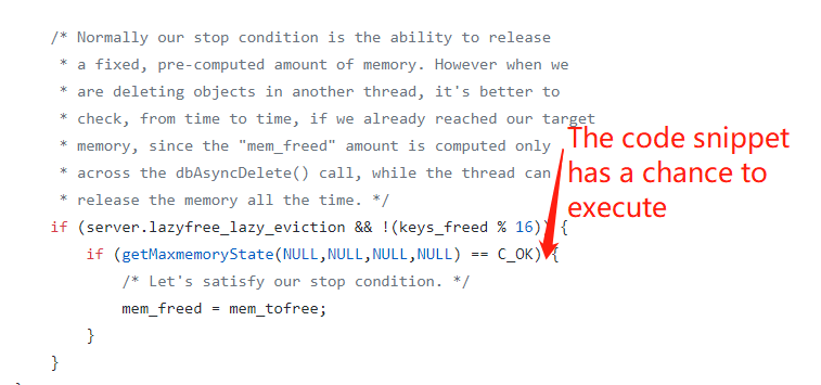 Redis [BUG] The keys_freed variable in the freeMemoryIfNeeded(void) function of evict.c in redis5.0 does not work, it is always less than or equal to 1