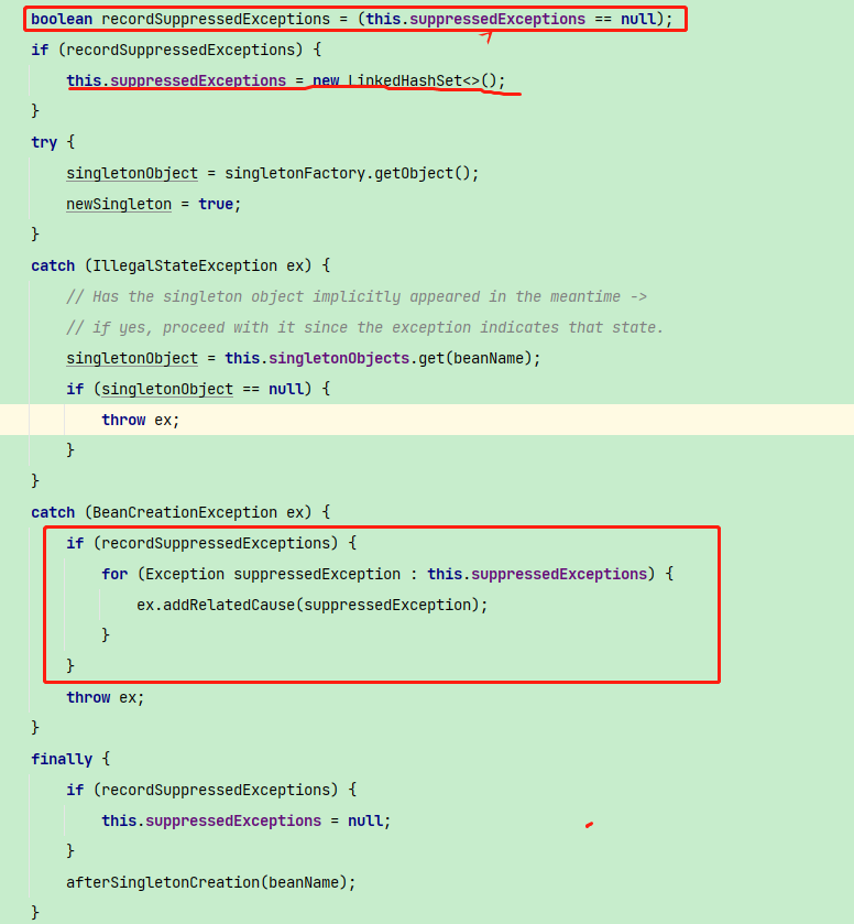 Spring Issue with suppressed exception handling in DefaultSingletonBeanRegistry#getSingleton(String,ObjectFactory)