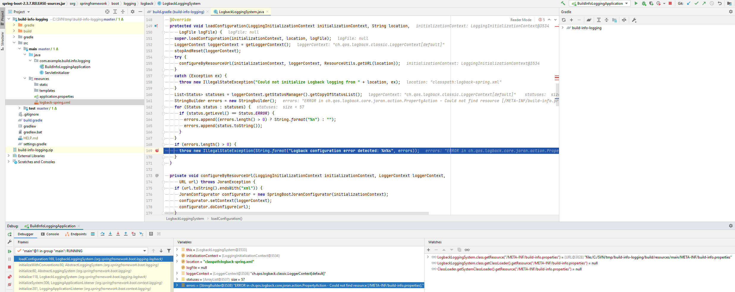 SpringBoot ERROR in ch.qos.logback.core.joran.action.PropertyAction - Could not find resource [/META-INF/build-info.properties]