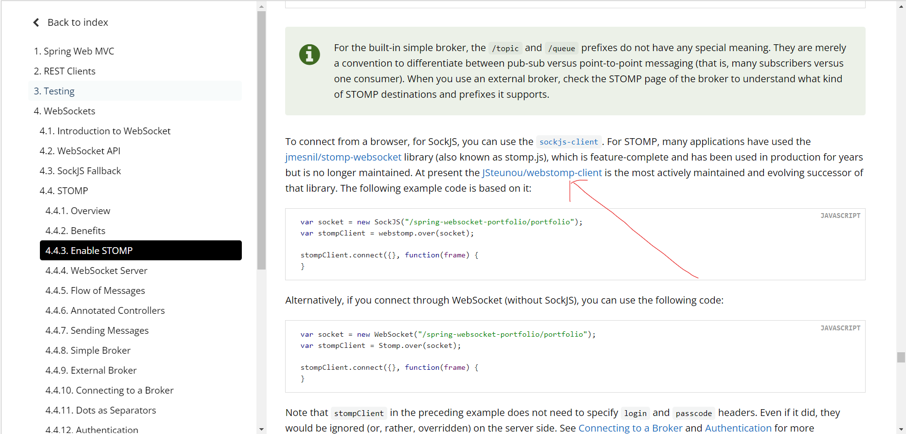 Spring Documentation needs to be updated with instructions for STOMP Client