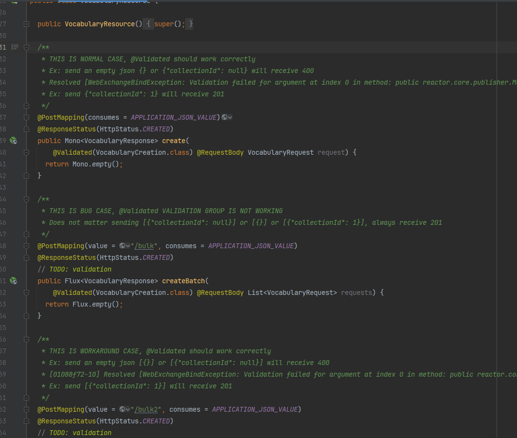 Spring @Validated validation group not working on request body of List
