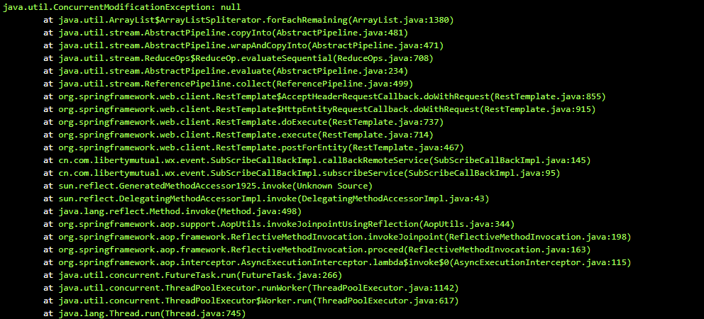 SpringBoot Using RestTemplate to call the interface，an exception occurred，java.util.ConcurrentModificationException: null