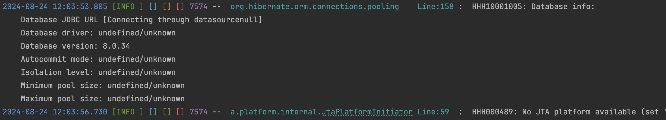SpringBoot 3.4.0-M3 hibernate log Database info output issue