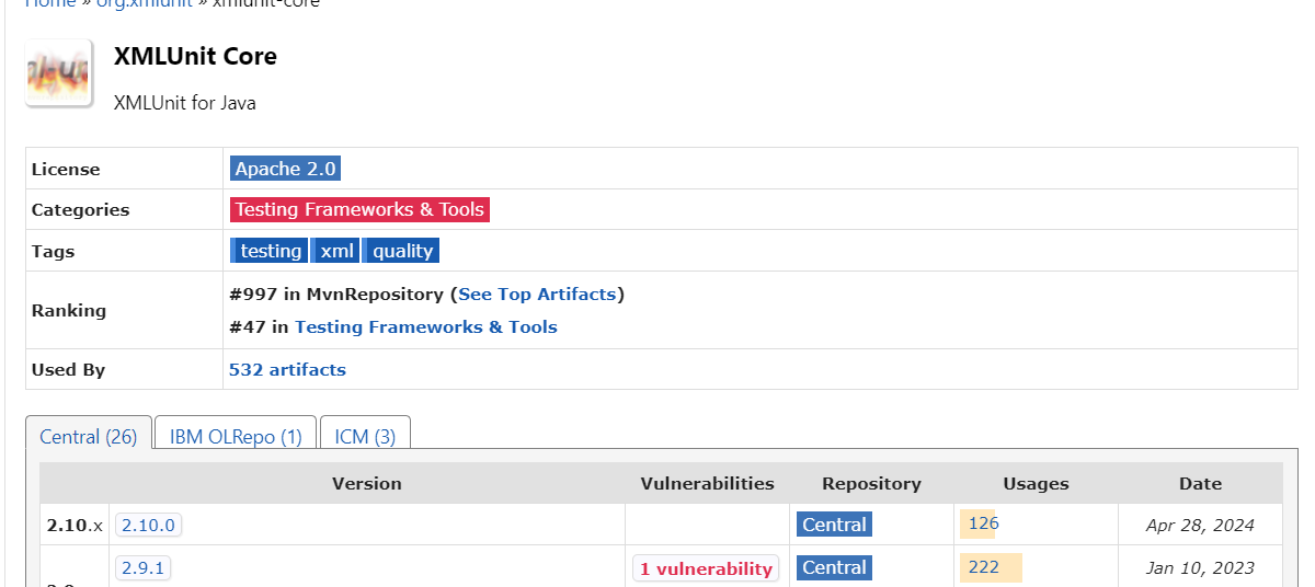 SpringBoot spring-boot-starter-test:3.3.4  has a dependency on xmlunit-core version 2.9.1 that has a vulnerability issue