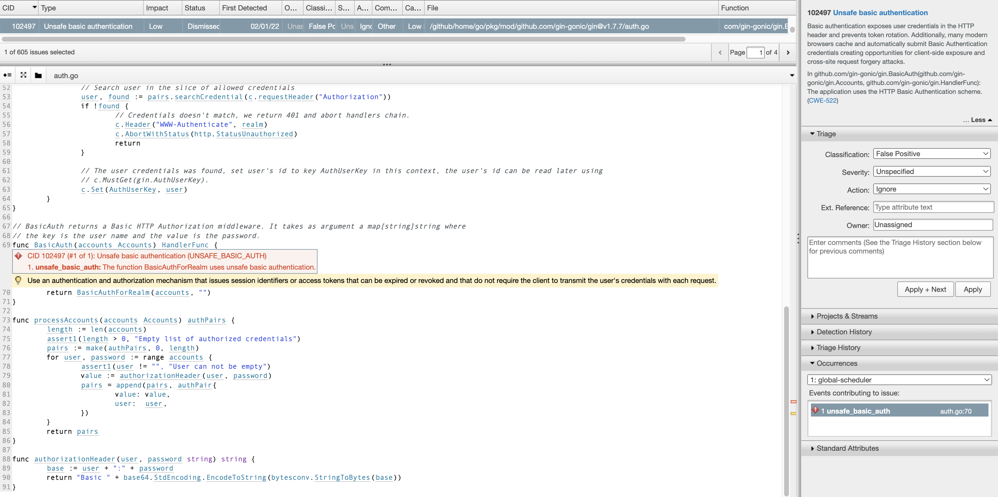 Gin SAST coverity scan - Unsafe Basic authentication in auth.go