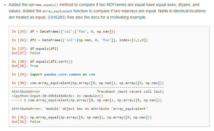 Pandas array_equivalent has disappeared from pandas.core.common in version 0.19, is this a mistake?