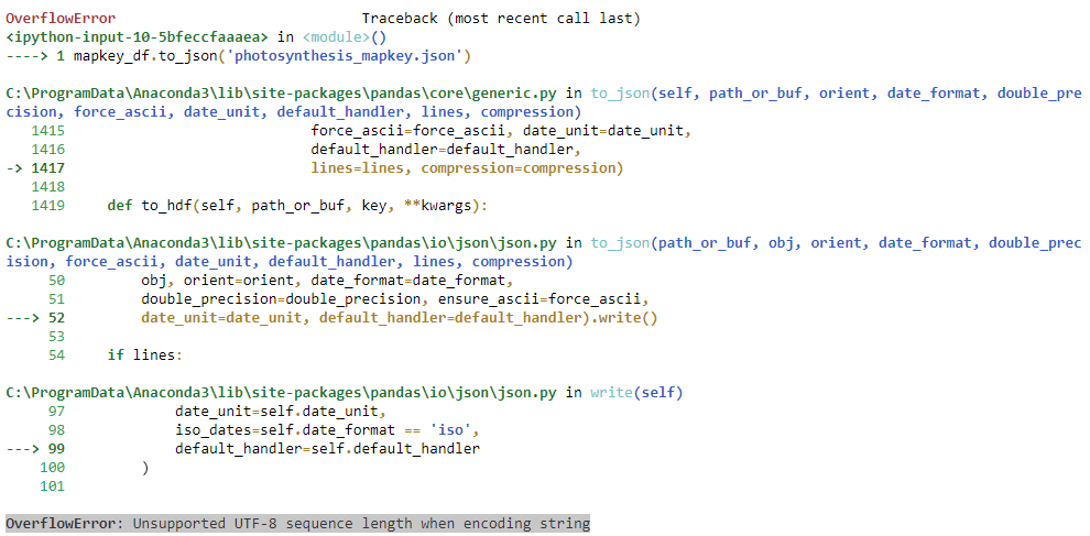 Pandas Overflow Error writing pandas 0.21.0 to_json in windows 7