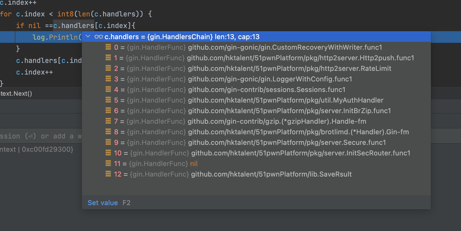 Gin what happened? /github.com/gin-gonic/gin/context.go:173 (0x47f51d3)   (*Context).Next: c.handlers[c.index](c)
