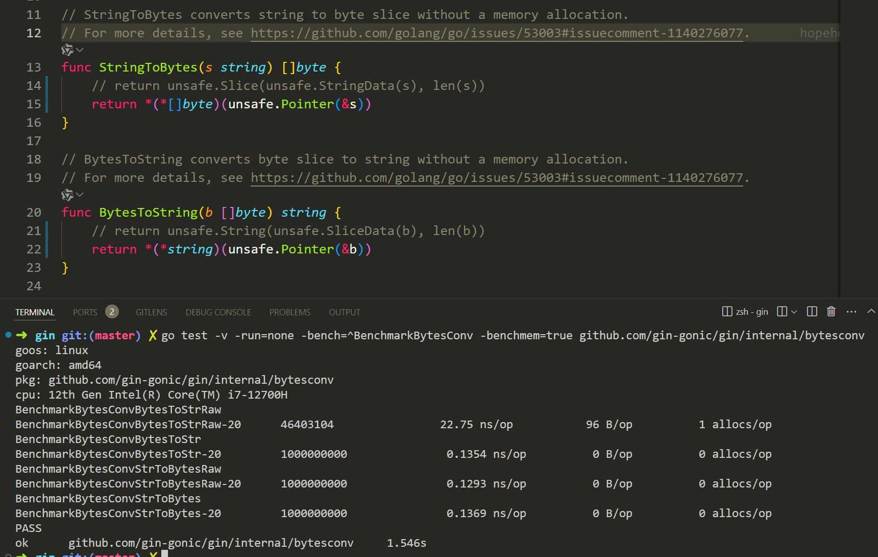 Gin StringToBytes is slower than the raw convertion
