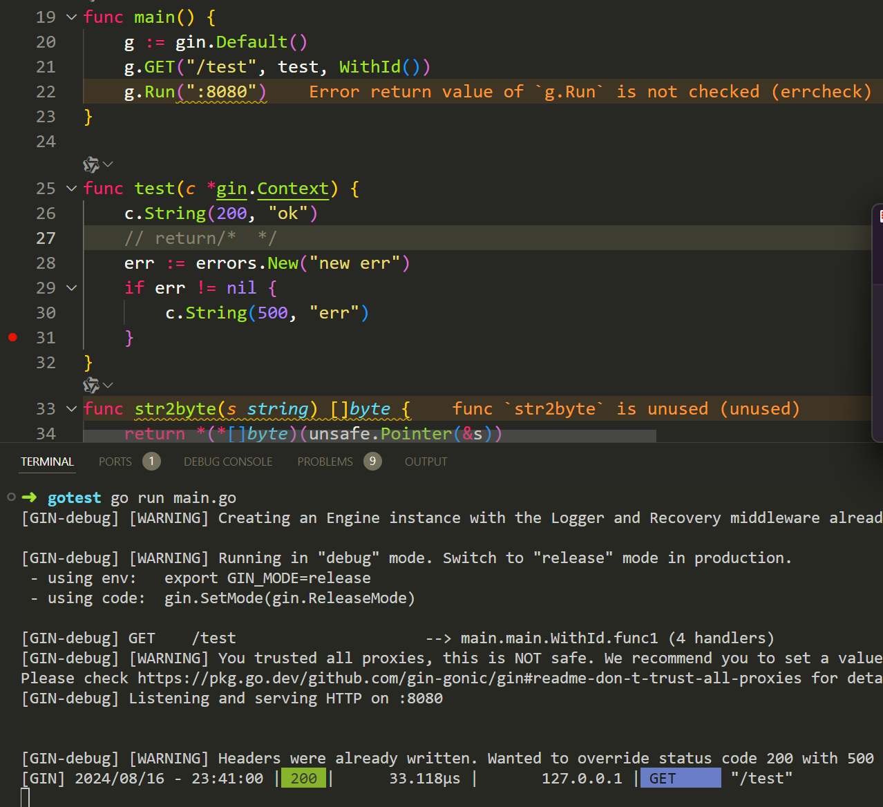Gin [GIN-debug] [WARNING] Headers were already written. Wanted to override status code 200 with 500