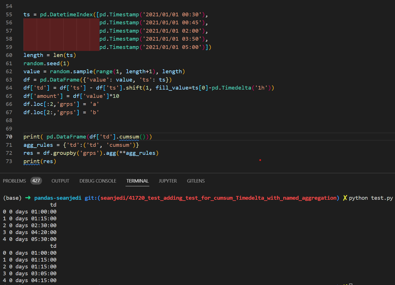 Pandas BUG: not possible to 'cumsum' Timedelta with named aggregation