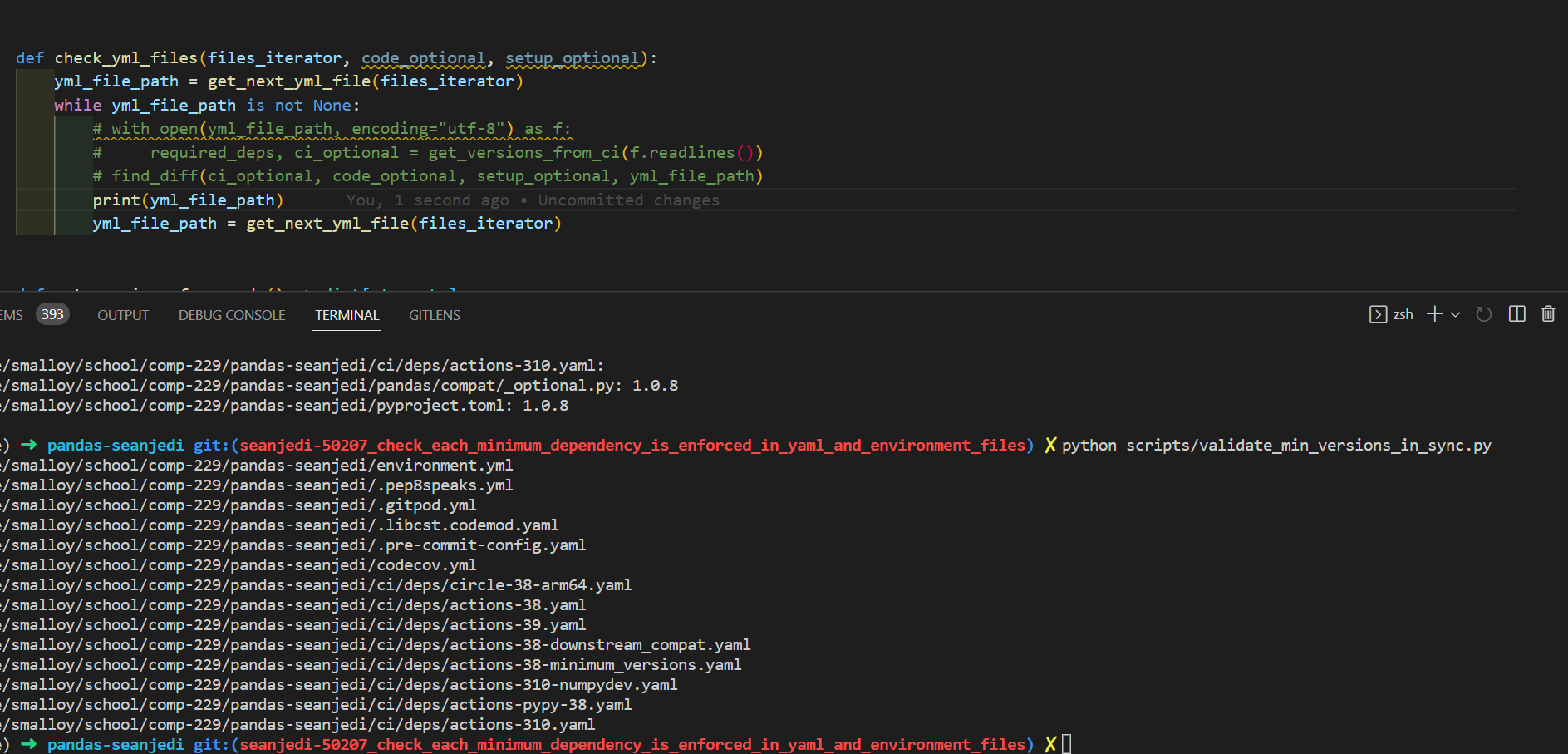 Pandas CI check each minimum dependency is enforced in *.yaml and environment.yml files
