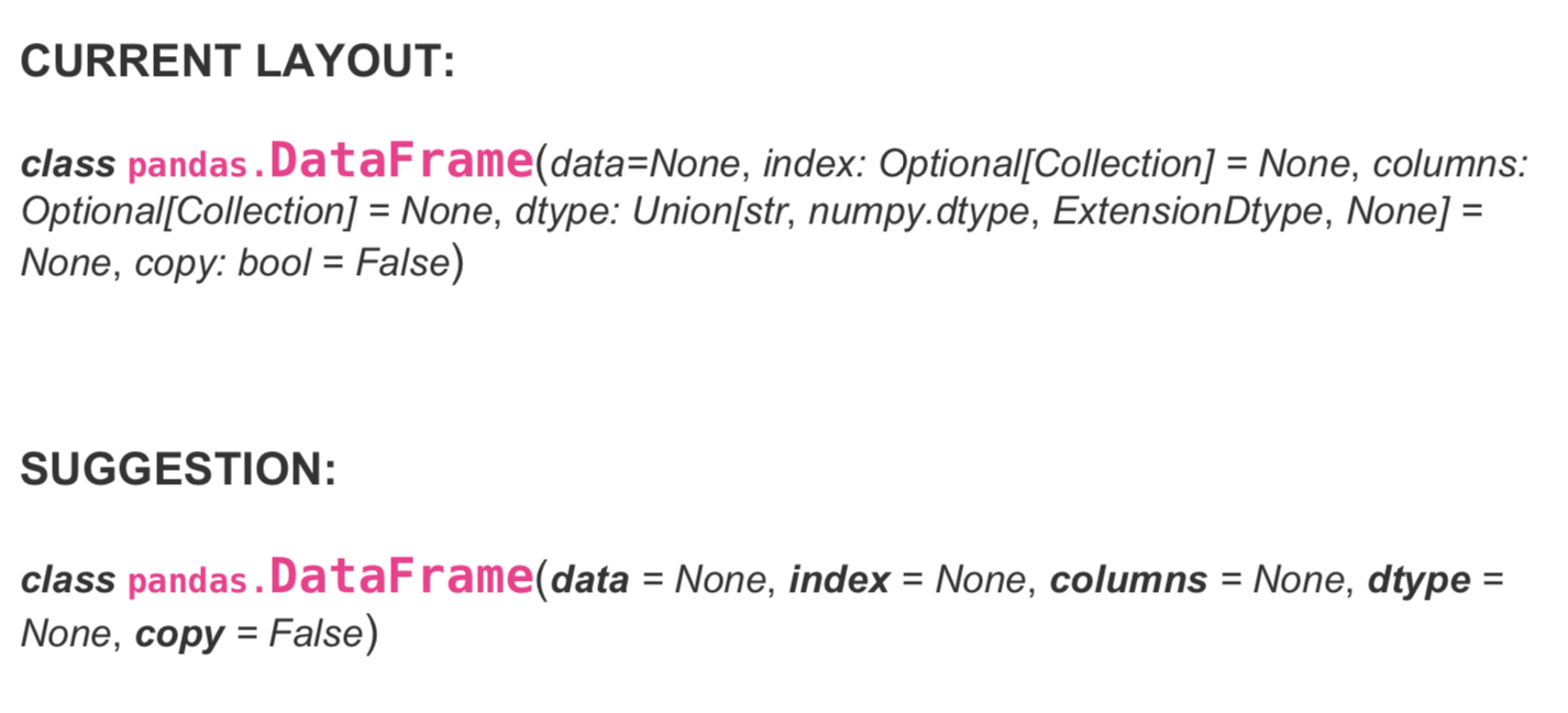 Pandas DOC: improve readability of signature description (type hints)