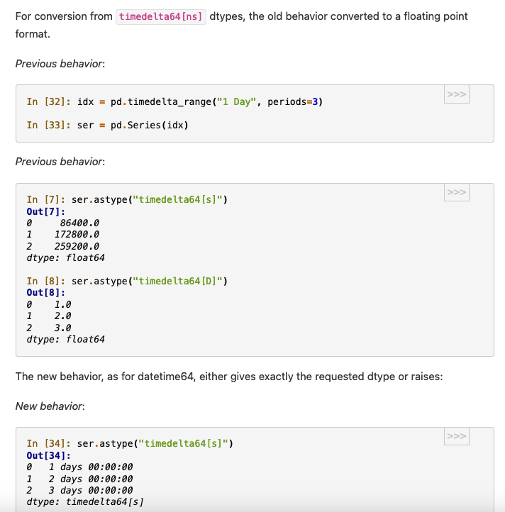 Pandas BUG (2.0rc1): Missing breaking API change in the changelog related to new timedelta64 dtypes