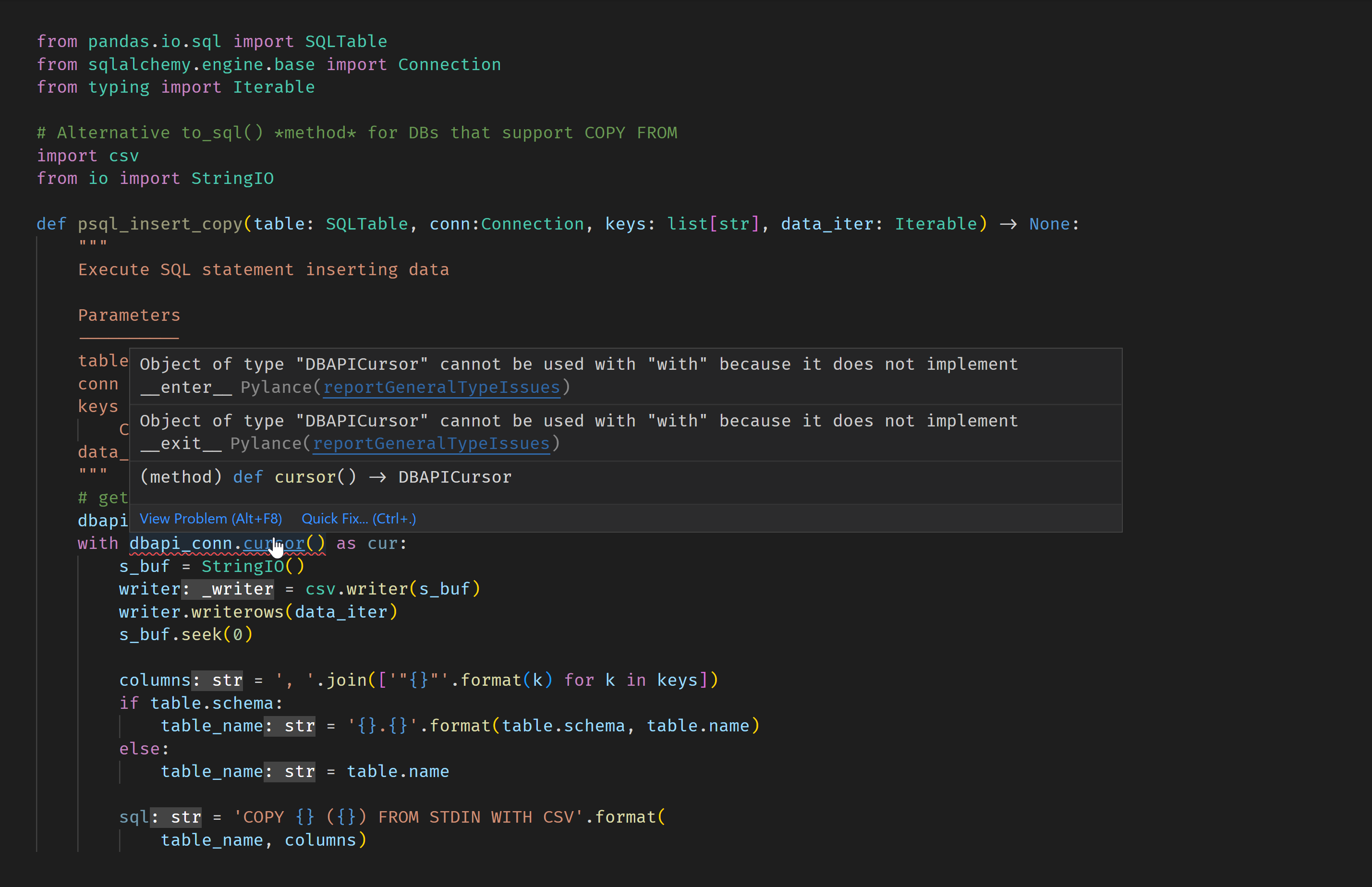 Pandas ENH: Improve typing in SQL Insertion method (improve docs about how to do this)